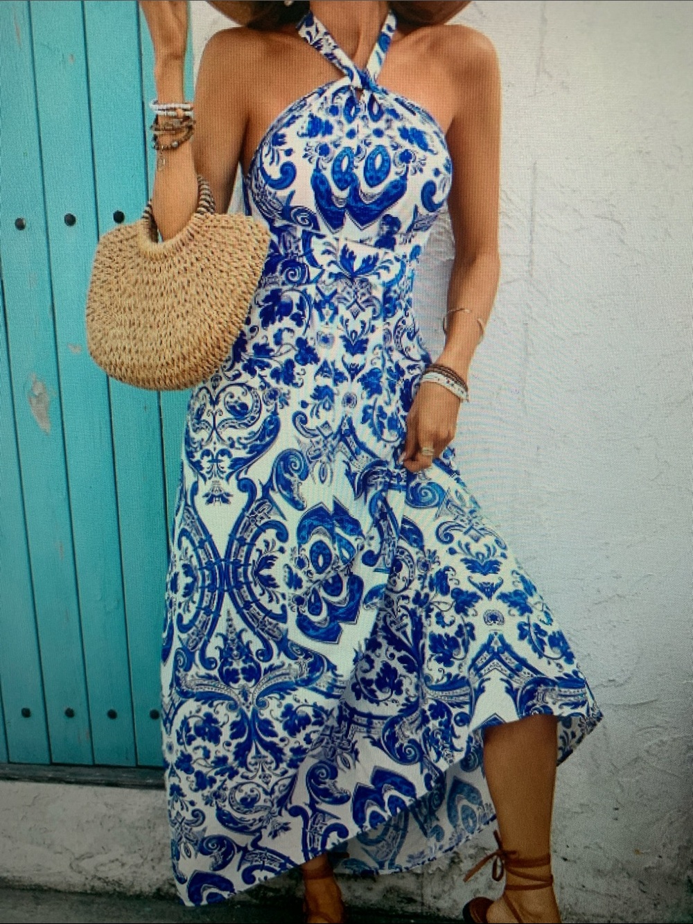 Blue & White Halter Maxi Dress - Elegant Summer Style - Picture 2 of 5